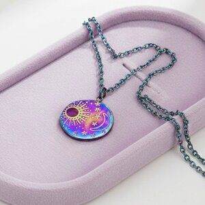 NEW Star Moon Round Pendant Necklace Titanium Rainbow Steel Whimsigoth Celestial